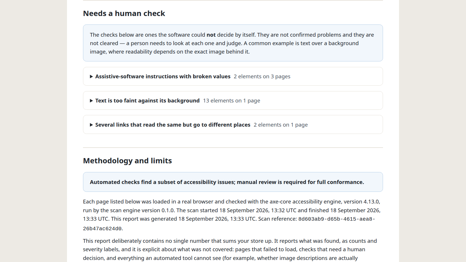 A page of a Barrierlist report headed "Needs a human check", explaining that the checks below could not be decided by the software and are neither confirmed problems nor cleared. Three are listed with the number of elements and pages each was seen on. Below that a section headed "Methodology and limits" repeats that automated checks find a subset of accessibility issues and names the engine and version used.